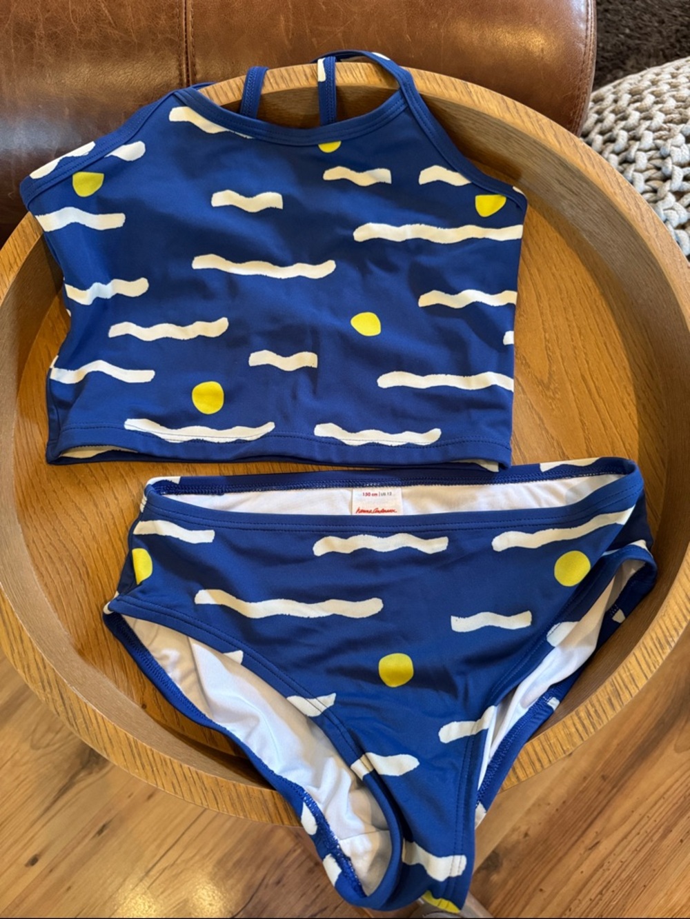 Hanna Andersson Blue Two-Piece Swim Bikini with White Wave and Yellow Dot Print